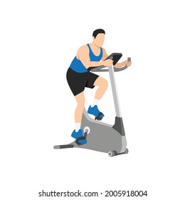 Man doing Cardio. stationary bike. spinning exercise. Flat vector illustration isolated on white background