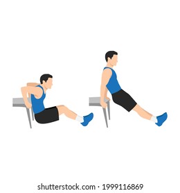 Man doing Chair. bench tricep dips exercise. Flat vector illustration isolated on white background