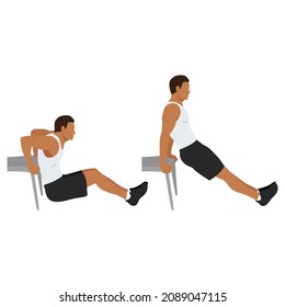 Man doing Chair. bench tricep dips exercise. Flat vector illustration isolated on white background