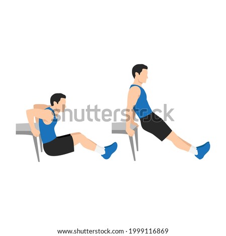 Man doing Chair. bench tricep dips exercise. Flat vector illustration isolated on white background