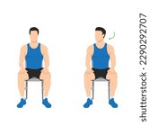 Man doing chair seated neck turns or head rotations. Neck rotation exercise. Turning head left and right. Healthy activity, office stretch. Flat vector illustration isolated on white background