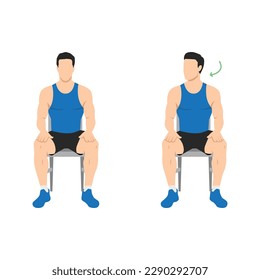 Man doing chair seated neck turns or head rotations. Neck rotation exercise. Turning head left and right. Healthy activity, office stretch. Flat vector illustration isolated on white background