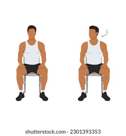 Man doing chair seated neck turns or head rotations. Neck rotation exercise. Turning head left and right. Healthy activity, office stretch. Flat vector illustration isolated on white background