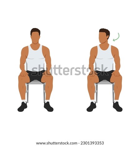 Man doing chair seated neck turns or head rotations. Neck rotation exercise. Turning head left and right. Healthy activity, office stretch. Flat vector illustration isolated on white background