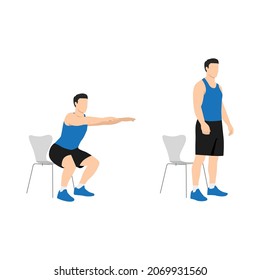 Man Doing Chair Squat Exercise. Flat Vector Illustration Isolated On White Background