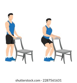 Hombre haciendo ejercicio de silla en cuclillas. Silla parcial o media con silla para atleta. Ilustración vectorial plana aislada en fondo blanco