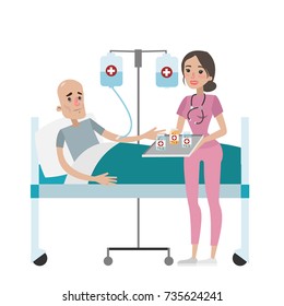 Man doing chemotherapy. Bald sick man with cancer in the ward with female nurse.