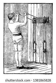 A man is doing chest exercise by pulling weights from both arms. In this exercise, he is standing straight and pulling both strings at a time upward, vintage line drawing or engraving illustration.