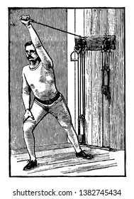 A man doing chest exercise by pulling weights tied on machine from both arms. In this exercise, he extends his left arm out vertically and then pulling weights from left arms, vintage line drawing