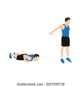 Man doing Chest to floor burpee exercise. Flat vector illustration isolated on white background