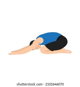 Man doing Child's pose stretch exercise. Flat vector illustration isolated on white background
