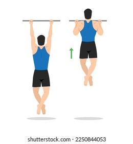 Man doing chin ups workout. Pull up with supinated lat pulldown reverse grip. Healthy and active lifestyle. Flat vector illustration isolated on white background