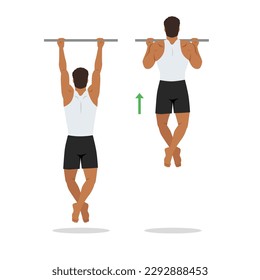 Man doing chin ups workout. Pull up with supinated lat pulldown reverse grip. Healthy and active lifestyle. Flat vector illustration isolated on white background