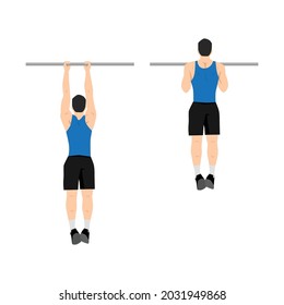 Man doing chin-ups workout. Fitness and bodybuilding exercise in the gym. Healthy and active lifestyle. Isolated vector illustration in cartoon style