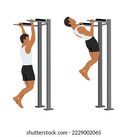 Man doing chin-ups workout. Pull up with supinated lat pulldown reverse grip. Healthy and active lifestyle. Flat vector illustration isolated on white background