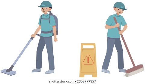 Man doing cleaning work with vacuum cleaner and mop.