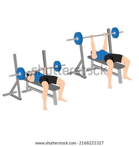 Man doing Close grip bench press exercise. Flat vector illustration isolated on white background