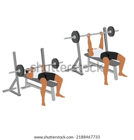 Man doing Close grip bench press exercise. Flat vector illustration isolated on white background