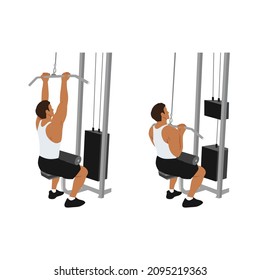 Man doing Close grip lat pulldowns flat vector illustration isolated on white background