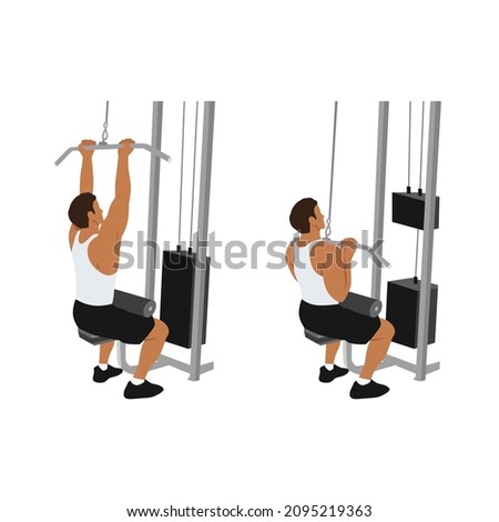 Man doing Close grip lat pulldowns flat vector illustration isolated on white background