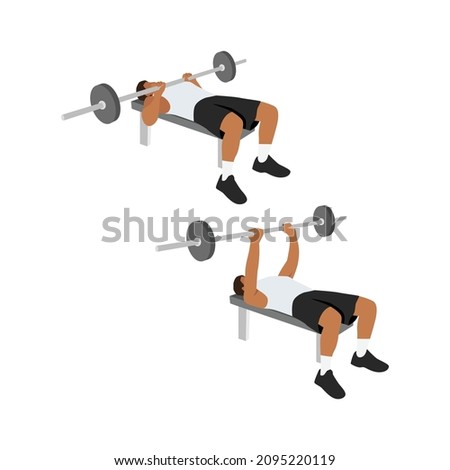 Man doing Close grip overhand barbell bench press exercise. Flat vector illustration isolated on white background
