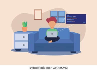 Man doing coding at home, coder doing work at home couch vector illustration