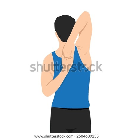 Man doing cow head pose back and shoulders stretching. Flat vector illustration isolated on white background