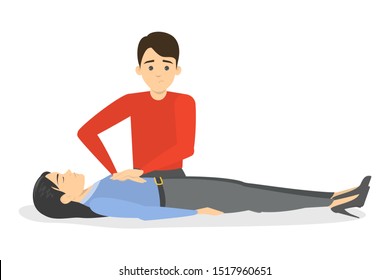 Man doing CPR. Unconscious woman lying on the floor, first aid procedure. Idea of emergency help and healthcare. Isolated vector illustration in cartoon style