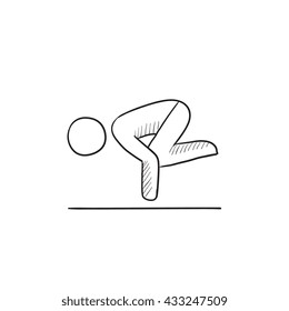 Man doing crane yoga pose vector sketch icon isolated on background. Hand drawn Man doing crane yoga pose icon. Man doing crane yoga pose sketch icon for infographic, website or app.