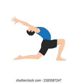 Man doing Crescent Lunge pose or Anjaneyasana exercise. Flat vector illustration isolated on white background