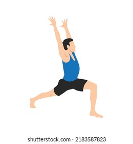 Man doing Crescent Lunge pose or Anjaneyasana exercise. Flat vector illustration isolated on white background