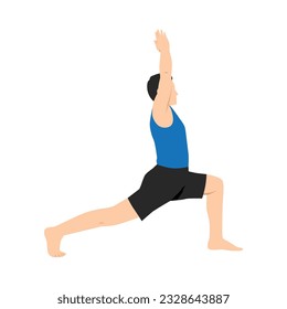 Man doing Crescent Lunge pose or Anjaneyasana exercise. Flat vector illustration isolated on white background