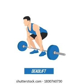 Man Doing CrossFit Workout Training. Sport Man Training Heavy Barbell Deadlift Exercise. Flat Vector Illustration Isolated On White Background