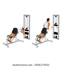 Man doing crossover machine cable row and back extension exercise. Flat vector illustration isolated on white background
