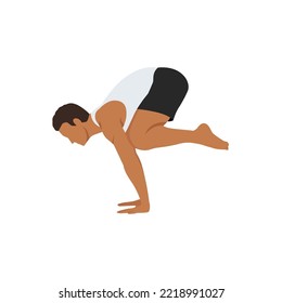 Man doing Crow pose bakasana exercise. Flat vector illustration isolated on white background