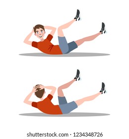 Man doing crunches in the gym. Belly burn workout. Guy make exercise. ABS workout. Healthy and active lifestyle. Isolated vector illustration