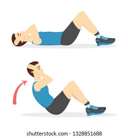 Man doing crunches in the gym. Belly burn workout. Guy make exercise. ABS workout. Healthy and active lifestyle. Isolated vector illustration