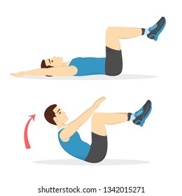 Man doing crunches in the gym. Belly burn workout. Guy make exercise. ABS workout. Healthy and active lifestyle. Isolated vector illustration