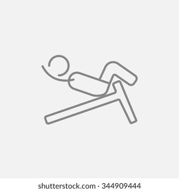 Man doing crunches on incline bench line icon for web, mobile and infographics. Vector dark grey icon isolated on light grey background.