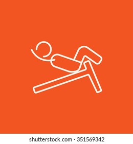 Man doing crunches on incline bench line icon for web, mobile and infographics. Vector white icon isolated on red background.