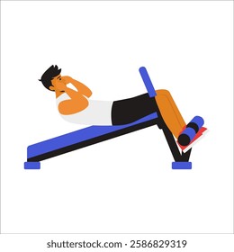 man doing crunches, showcasing proper core engagement and controlled movement. The animation highlights the abdominal muscles contracting as he lifts his upper body, focusing on core strength