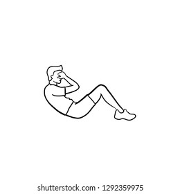 Man doing crunches sport exercises hand drawn outline doodle icon. Fitness workout, bodybuilding concept. Vector sketch illustration for print, web, mobile and infographics on white background.
