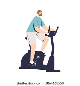 Man doing cycling exercises on stationery bicycle. Sport, fitness and workout concept. Cartoon male character training. Flat vector illustration