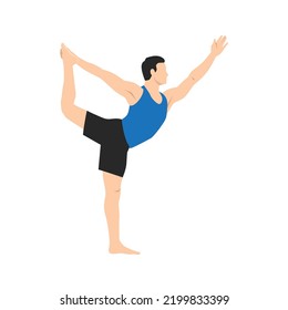 Man doing Dancer Pose, King Dancer Pose, Lord of the Dance Pose, Dancer Pose. Practice Utthita Ardha Dhanurasana. Flat vector illustration isolated on white background