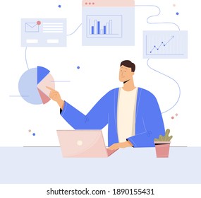 Man Doing Data Analysis And Research In The Office, Preparing Report, Collecting Statistics. Vector Illustration