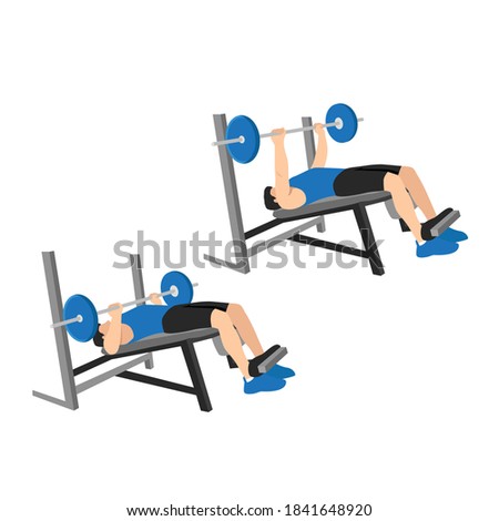 Man doing decline barbell bench press. Flat vector illustration isolated on white background