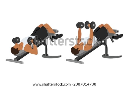 Man doing decline bench barbell press flat vector illustration isolated on different layers