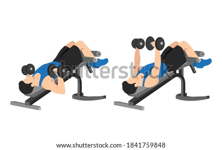 Man doing decline bench dumbbell press. Flat vector illustration isolated on white background