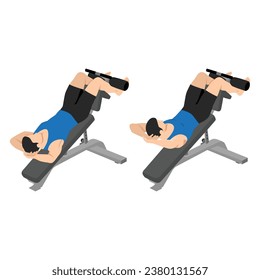 Man doing decline crunch on a bench exercise. Flat vector illustration isolated on white background