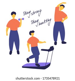 Man doing different sport exercises. Male training, workout concept. Doodle flat vector illustration